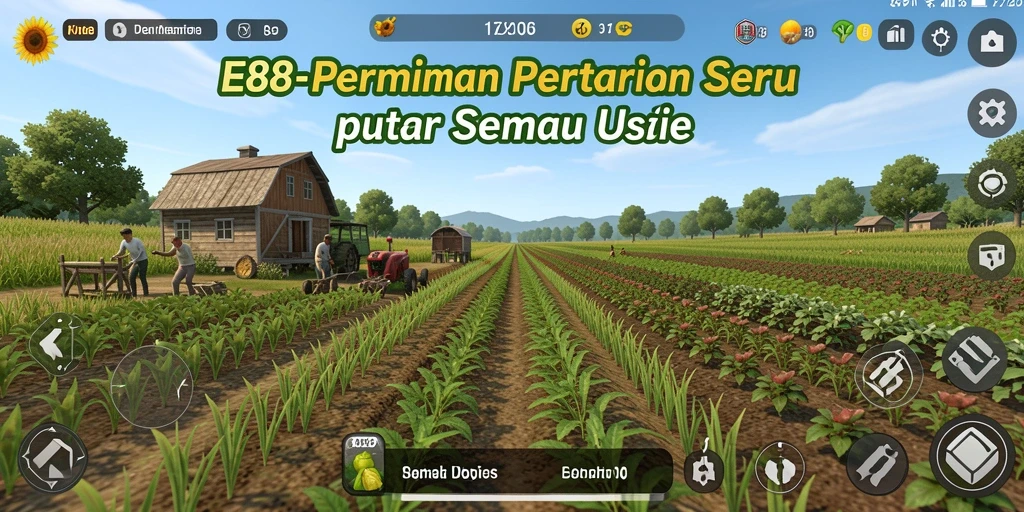 Gambar menunjukkan gameplay E88 dengan ladang hijau subur dan hewan ternak.