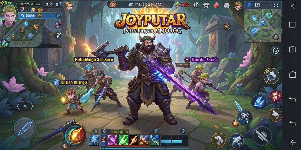 Screenshot utama JOYPUTAR menampilkan karakter dalam pertempuran epik di dunia MMORPG.