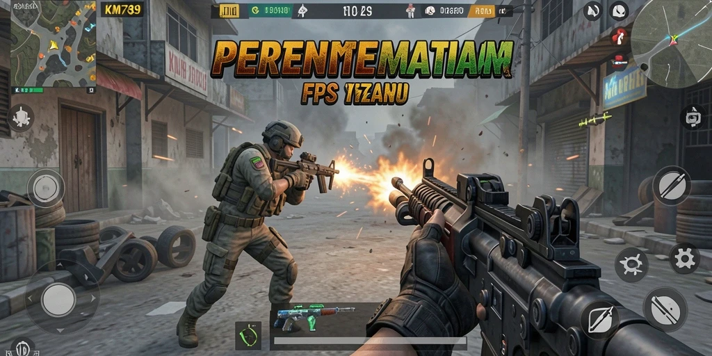 Screenshot utama KM789 yang menunjukkan aksi pertempuran FPS yang intens.
