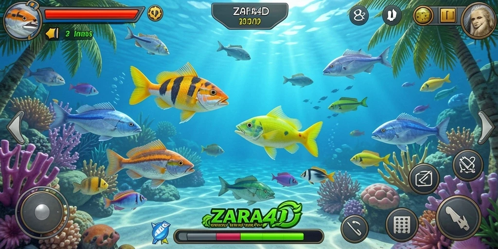 Tampilan gameplay ZARA4D dengan aksi menembak ikan yang seru.